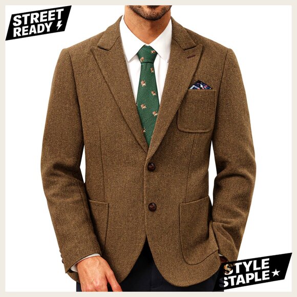 Men's Tweed Blazer Wool Sport Coat Two Button Peak Lapel Vintage Jacket